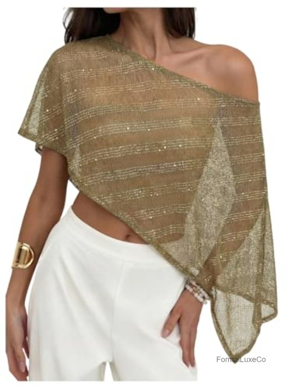 Sheer Sequin Knit Off Shoulder Bat Wing Poncho Wrap Top